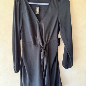 Express Black Sheath Dress with Tie Front and Bishop Sleeves